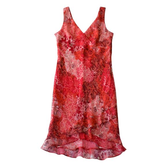 Y2K Red Floral Chiffon Sleeveless V-Neck Midi Dress - Size Medium Large - Picture 1 of 8